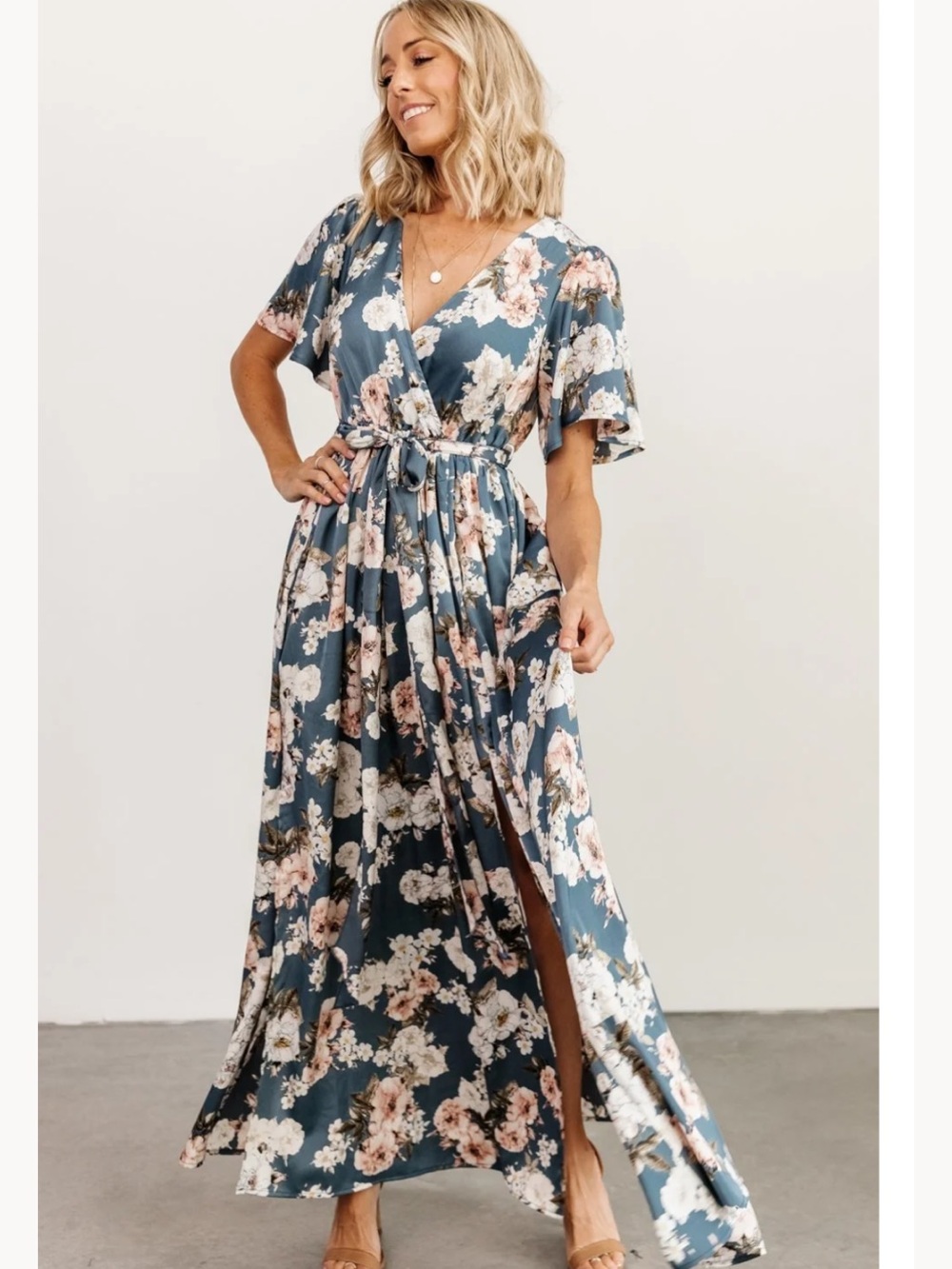 Baltic Born Dusty Blue Floral Wrap Maxi Dress